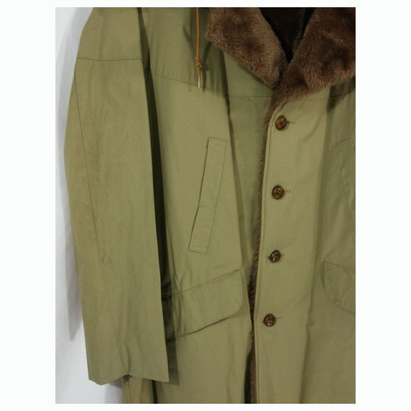 Vintage Robert Lewis Idea Faux Fur Collar Hooded Men's Tan Trench Storm Coat 46 - Picture 3 of 9